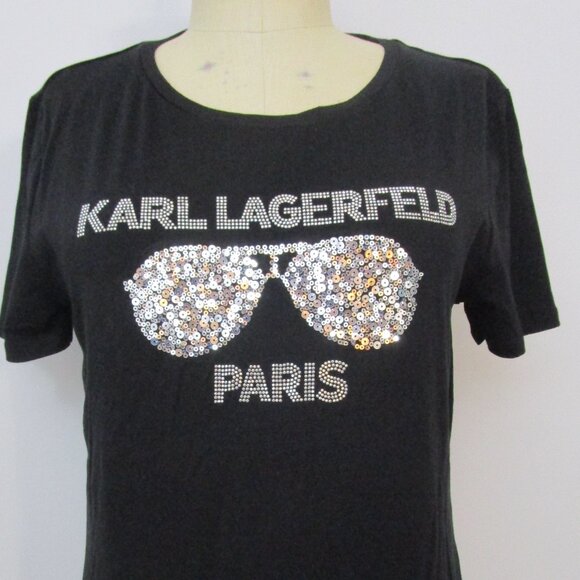 Karl Lagerfeld Chanel Paris Sequins Sunglasses Tee T Shirt - Picture 1 of 9